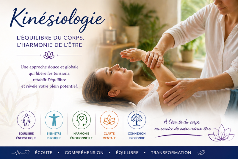 Séance de kinésiologie Kinémotion avec test musculaire, thérapeute accompagnant une cliente allongée dans un environnement apaisant, illustrant l’équilibre du corps, le bien-être et l’harmonie énergétique.