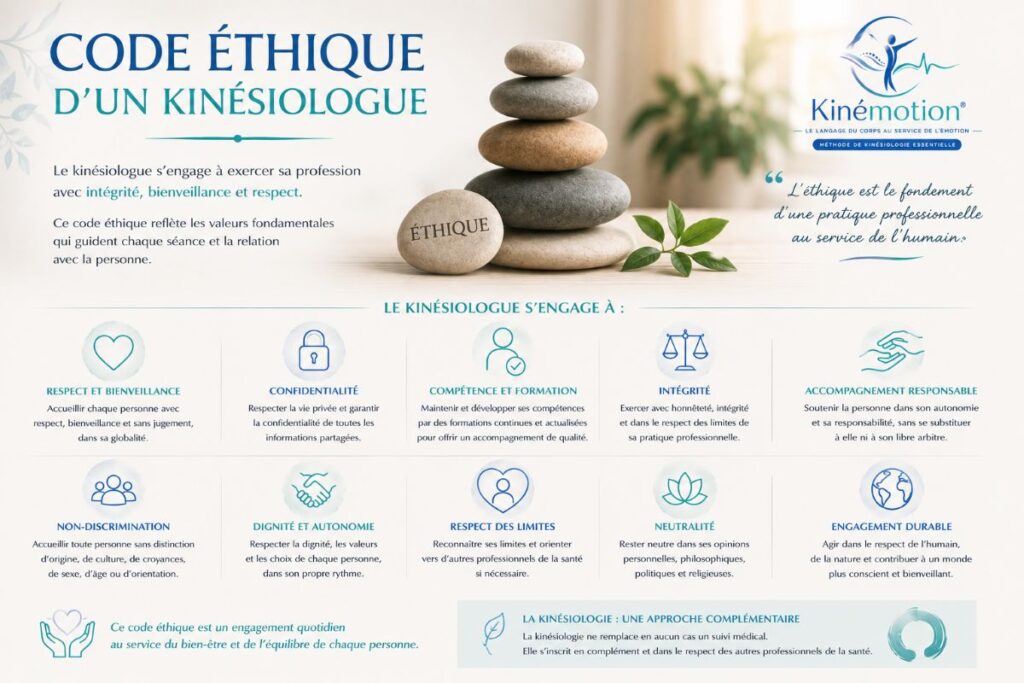 Code éthique d'un kinésiologue - Institut AS Code éthique du kinésiologue présentant les valeurs de respect, confidentialité, professionnalisme et accompagnement responsable.
