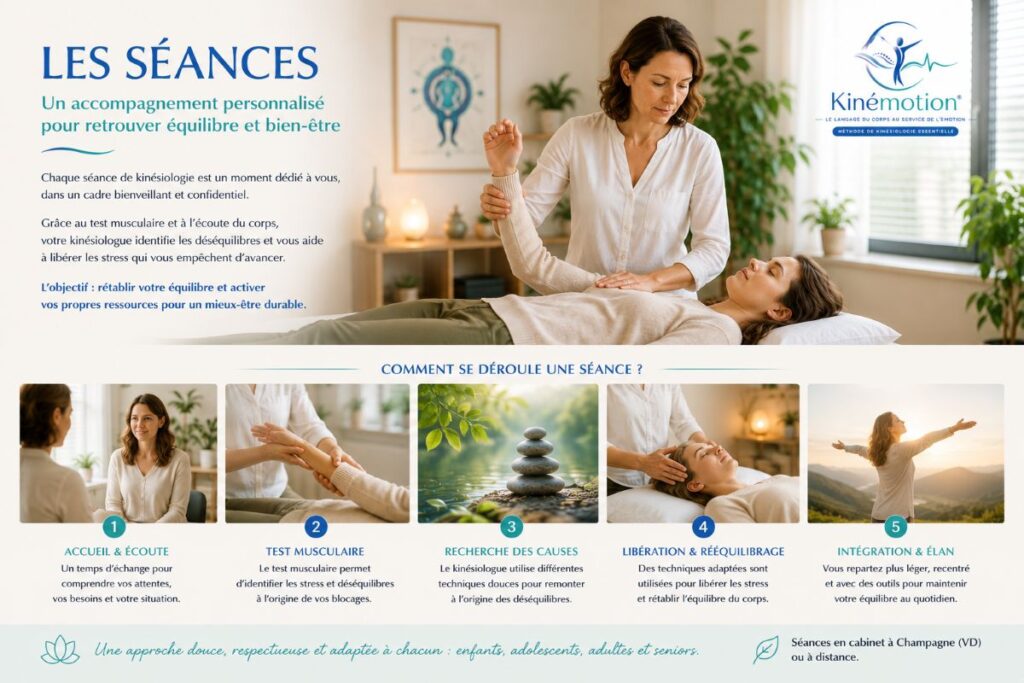 Les séances de kinésiologie - Institut AS Déroulement d'une séance de kinésiologie utilisant le test musculaire pour identifier les déséquilibres et favoriser le retour à l'équilibre.