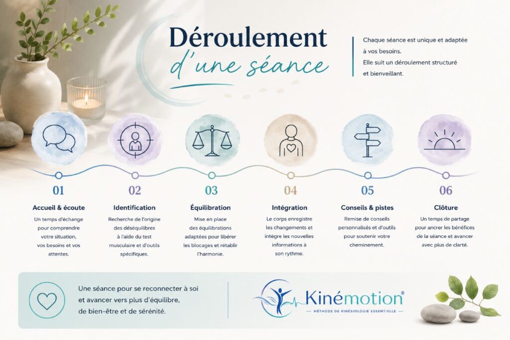 Déroulement d'une séance de kinésiologie à l'Institut AS : accueil, identification des déséquilibres, équilibrations, intégration et conseils personnalisés.