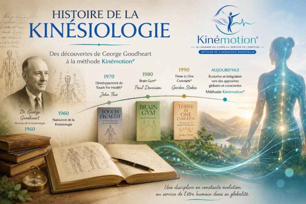 Histoire de la kinésiologie depuis George Goodheart, Touch For Health®, Brain Gym® et Three In One Concepts® jusqu'à la méthode Kinémotion®.