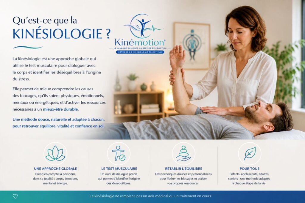 Séance de kinésiologie utilisant le test musculaire pour identifier les déséquilibres physiques, émotionnels et énergétiques.