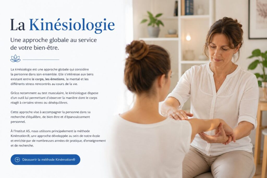 Séance de kinésiologie à l'Institut AS à Champagne dans le canton de Vaud. Accompagnement personnalisé utilisant notamment le test musculaire dans le cadre de la méthode Kinémotion.