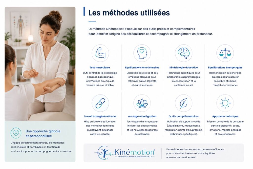 Les méthodes utilisées dans la méthode Kinémotion® à l'Institut AS : test musculaire, équilibrations émotionnelles, outils de développement personnel et accompagnement global de la personne.