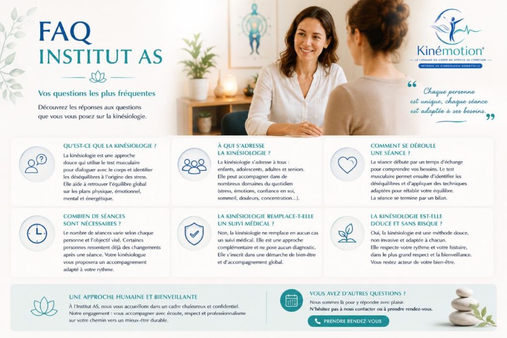 FAQ sur la kinésiologie répondant aux questions fréquentes concernant les séances, le test musculaire et les bienfaits de la méthode Kinémotion®.