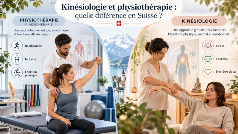 Illustration comparant la kinésiologie et la physiothérapie en Suisse, avec d’un côté la rééducation physique et de l’autre le test musculaire et l’équilibre émotionnel.